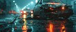A sobering depiction of a car crash on a wet road at night, with the ambulance lights flashing in the background, underscoring the importance of safe driving practices and the consequences of reckless