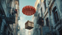 A Thrilling Depiction Of A Brown Parcel Cardboard Box Descending With A Parachute, Showcasing The Quick And Efficient Delivery Of Goods Through Online Services And Global Logistic Networks 8K , High-r