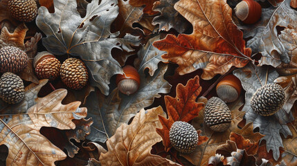 Wall Mural - acorns and leaves on the sand watercolor illustration: Fuzzy background with a summery lake landscape and an autumnal tree with acorns in the sharp foreground.