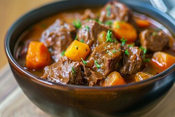 A bowl of hearty beef stew with tender chunks of meat and root vegetables