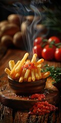 Wall Mural - A staple food, French fries emit smoke, a fast food made from natural potatoes