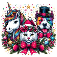 Wall Mural - Many animals include dogs cats unicorns with christmas decorations art attractive harmony illustrator illustrator.