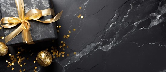 Poster - Top view of a black stone background adorned with gold and silver decorations and a present box creating a Christmas ambiance The image offers ample copy space