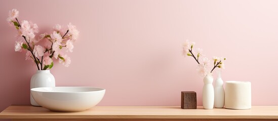 Sticker - Aesthetic bathroom decor for advertising design and covers A cosmetic set displayed on a dressing table accompanied by a vase of beautiful flowers on a pink wall background A mirror is placed on a wo