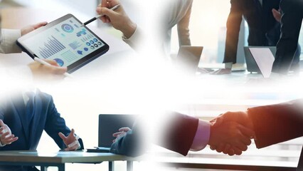 Fototapete - Collage video of various business scenes. Blur transition from white background.