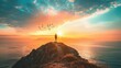 © Jesse - A person stands alone on the edge of a cliff overlooking a vast sea as the sun sets on the horizon. The sky is awash with warm hues of orange, yellow, and blue, and a few wispy clouds are visible. The