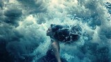 Fototapeta  - An individual with long, flowing hair is submerged underwater, surrounded by bubbles and the ethereal blue light that filters through the water. The person has a serene, contemplative expression, and 