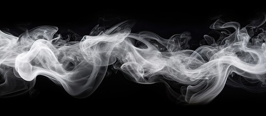 Poster - An abstract white smoke overlay effect emerges over a solid black backdrop creating a nature inspired moving smoky steam wave This concept represents environmental pollution clouds cigarettes gas dry