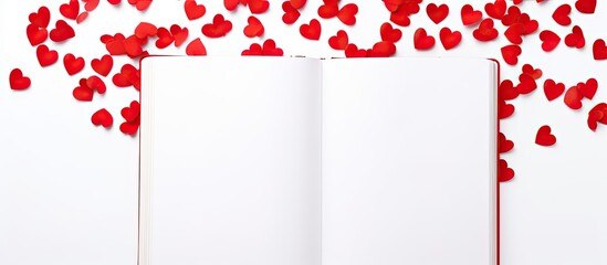 Fototapete - An isolated copy space image of a notebook adorned with red pen and heart designs on a white background