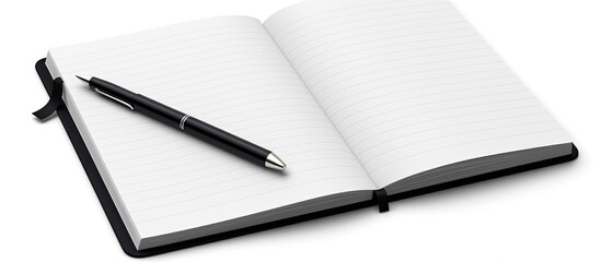 Fototapete - An isolated copy space image of a book diary and pen with blank pages on a white background