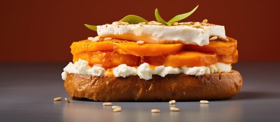 Poster - An image of an open sandwich with a pumpkin and cream cheese filling on an English muffin with ample copy space