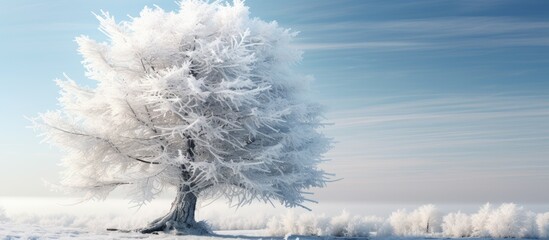 Poster - An image of a frozen evergreen tree covered in ice suitable for use as a copy space image