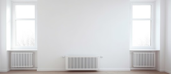 Wall Mural - An empty light room at home showcases a white wall adorned with a plastic window and a radiator creating a copy space image