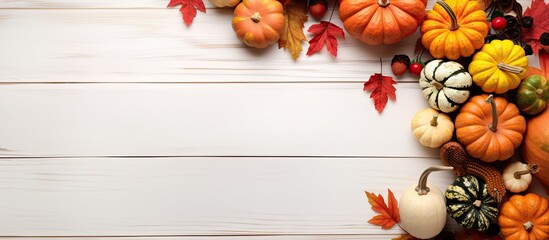 Poster - An autumn themed mockup frame with pumpkins and festive decorations for Thanksgiving Day displayed on a white wooden background providing ample copy space for images