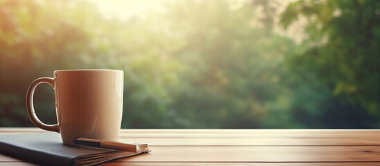 Sticker - A coffee mug and office accessory sit on a desk providing ample copy space for creative use