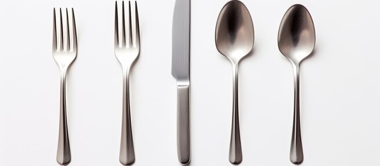 Fototapete - A silver fork spoon and knife are seen on a white background arranged in a flat lay with a top down view There is empty space available for adding text or other images. Creative banner