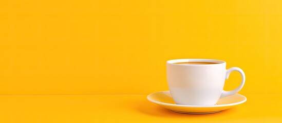 Aufkleber - A white cup and saucer are seen on a yellow background with plenty of copy space in the image