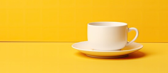 Aufkleber - A white cup and saucer are seen on a yellow background with plenty of copy space in the image