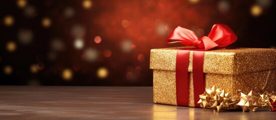 Wall Mural - A festive gift box in gold and red with tape placed on a background of Santa themed wrapping paper leaving space for an image. Creative banner. Copyspace image