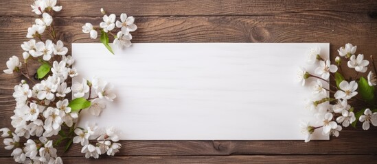 Aufkleber - Wooden background with a floral frame and a card providing ample copy space for images