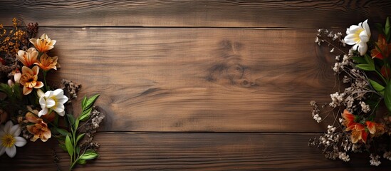Aufkleber - Wooden background with a floral frame and a card providing ample copy space for images
