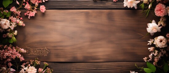 Aufkleber - Wooden background with a floral frame and a card providing ample copy space for images