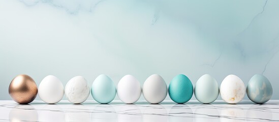 Wall Mural - The Easter eggs are arranged on a white marble table and placed against a light blue background leaving room for text in the image. Creative banner. Copyspace image
