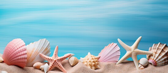 Leinwandbilder - There are shells and starfish adorning a mesmerizing blue and pink backdrop leaving ample room for your text Copy space image