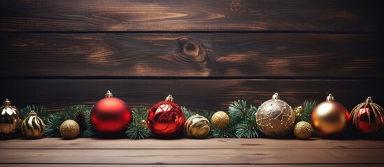 Poster - A festive arrangement of Christmas decorations on a wooden backdrop with copy space image