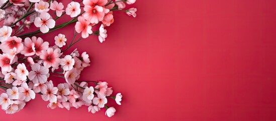 Poster - A floral arrangement with red Flam boyant flowers on a pink backdrop creating a pattern The image has copy space and represents the concepts of Easter spring and summer The view is from above in a fl