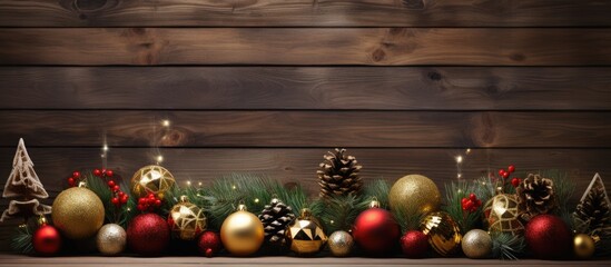 Poster - A festive arrangement of Christmas decorations on a wooden backdrop with copy space image