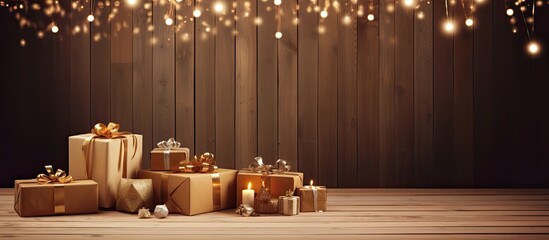Aufkleber - A festive backdrop with gift boxes is set against a beautiful brown backdrop made of vintage boards The birthday celebration is indicated by a number 31 creating ample copy space for additional eleme