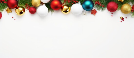 Poster - Colorful balls garland and fir branches adorn a white table where children have crafted DIY homemade Christmas gifts This flat lay image presents a top view with ample room for additional elements