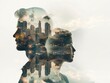 A double exposure portrait blending a man and woman with cityscape, symbolizing connection and urban life.