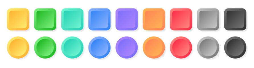 multi color 3d button. square and circle glossy colorful web ui buttons. vector empty round button c