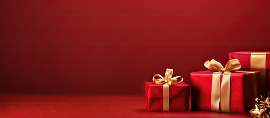 Leinwandbilder - The Christmas gift boxes and decorations are arranged on a vibrant red art paper background which provides a backdrop for your designs with ample copy space This imagery embodies the spirit of Christ