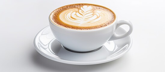 A cappuccino in a white cup is displayed on a beautifully decorated white background leaving plenty of space for additional images or text