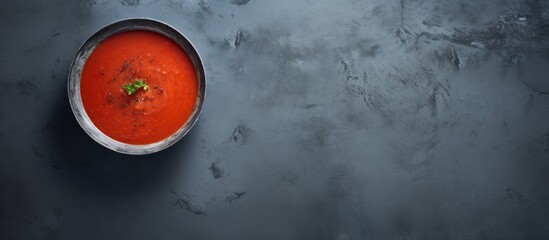 Aufkleber - A calming light casts over a gray stone background showcasing a black bowl filled with tomato soup viewed from above Copy space available