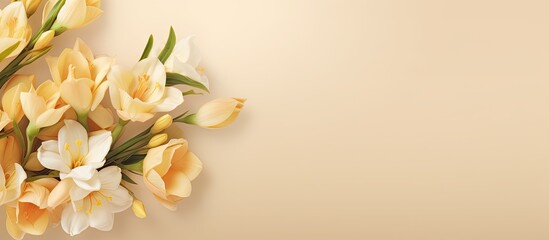 Sticker - Banner design with a charming bouquet of freesia flowers on a beige background Perfect for adding text with enough room for copy space image