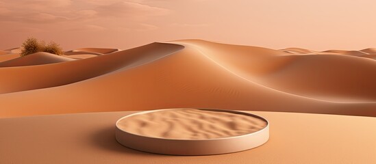 A circular stage set on a sandy surface serves as a natural pedestal for presenting cosmetic products or showcasing package advertisements With a top view perspective there is ample copy space in the