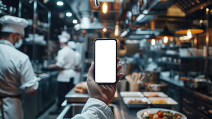 A hand holding a smartphone with a blank screen in a busy kitchen, reflecting chefs at work and culinary chaos.