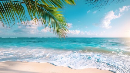 Wall Mural - Beautiful beach with white sand, turquoise ocean, green palm trees and blue sky with clouds on Sunny day. Summer tropical landscape, panoramic view.