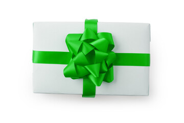 Wall Mural - Top view of white gift box with green ribbon isolated on white background