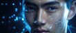 Close up studio portrait of a stylish Asian man in his 20s with tanned skin and short black hair His face is adorned with blue glitter creating a captivating and unique look The blue lighting enhance