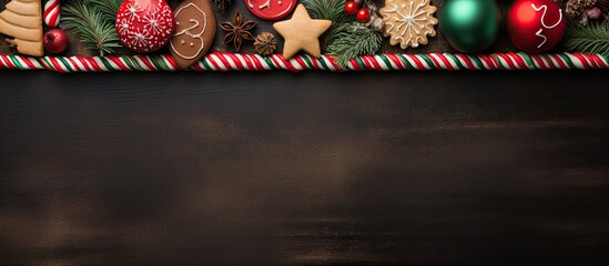 Wall Mural - Colorful Christmas decorations and cookies arranged in a festive frame on a background leaving empty space for an image. Creative banner. Copyspace image