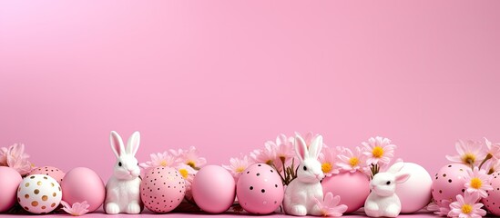 Leinwandbilder - A festive Easter composition with colorful eggs bunny ears and flowers on a pink background Perfect for Easter themed designs Copy space image available