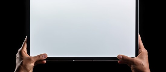 Sticker - A computer laptop being held by a hand with a blank screen against a white background Copy space image