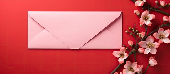 Poster - Red background with a composition of a paper envelope The image is a flat lay mockup on a tabletop with space for text. Creative banner. Copyspace image