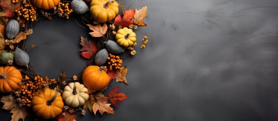 Aufkleber - Seasonal autumn concept with a wreath shaped arrangement of natural and decorative pumpkins surrounded by dry leaves The gray background provides the perfect copy space for Halloween or Thanksgiving
