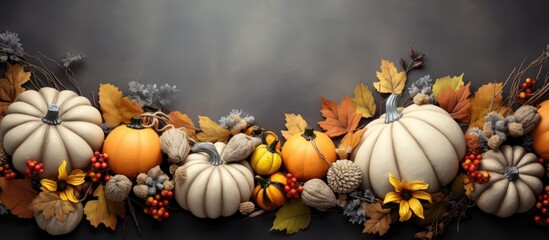 Aufkleber - Seasonal autumn concept with a wreath shaped arrangement of natural and decorative pumpkins surrounded by dry leaves The gray background provides the perfect copy space for Halloween or Thanksgiving